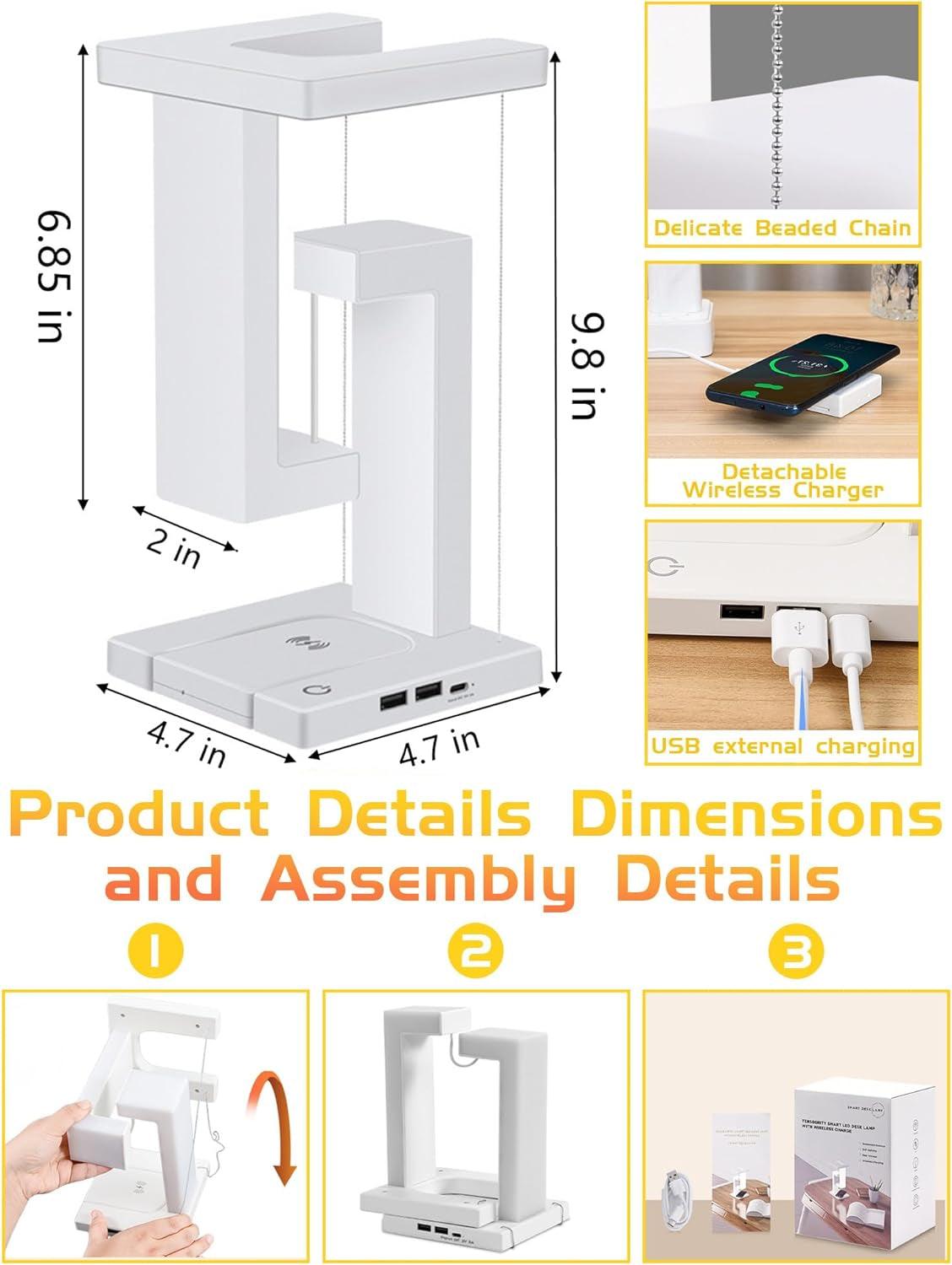 Levitating Lamp,Balance Lamps,Tensegrity Structural Balanced Night Light,Wireless Charger Table Lamp,Dual USB Ports & 3 Light Modes Touch Lamp,Unique Gifts for Office,Bedroom, Living Room Décor