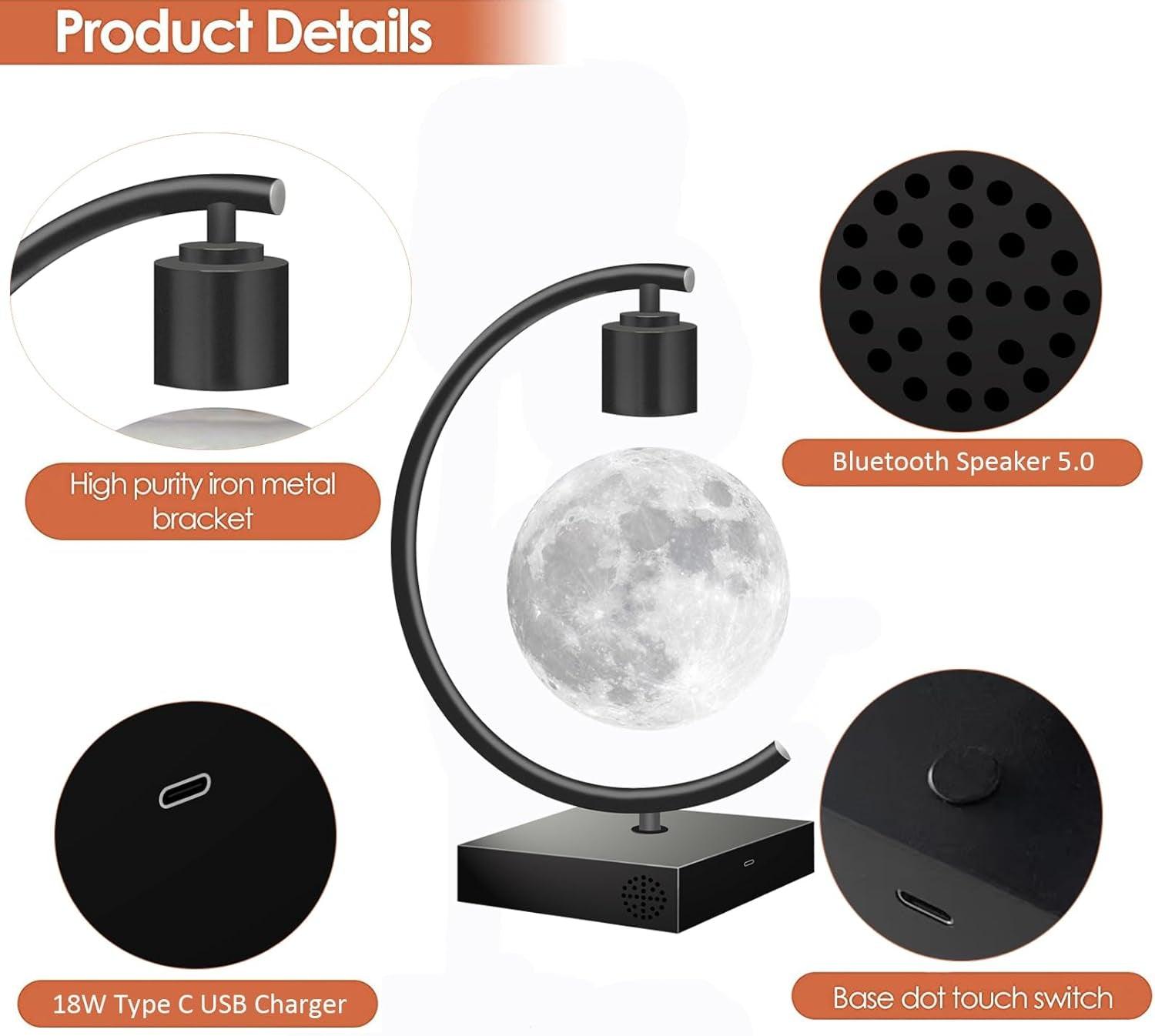 Magnetic Levitating Moon Lamp with Bluetooth Speaker 5.0 Type C 18W USB C Fast Charger for Iphone Ipad Samsung Galaxy Smart Watch Floating 3D Moon Magnet Planet Globe LED Night Light