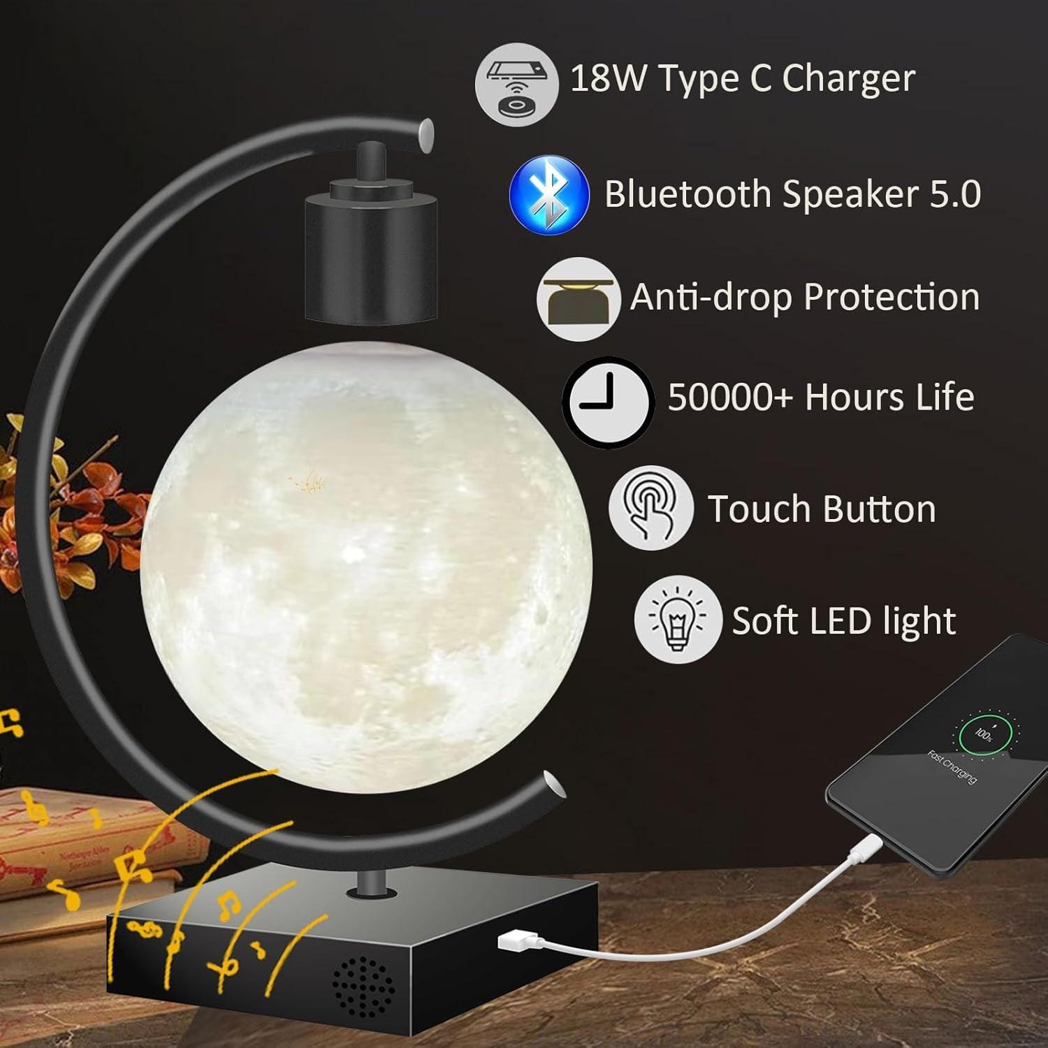 Magnetic Levitating Moon Lamp with Bluetooth Speaker 5.0 Type C 18W USB C Fast Charger for Iphone Ipad Samsung Galaxy Smart Watch Floating 3D Moon Magnet Planet Globe LED Night Light