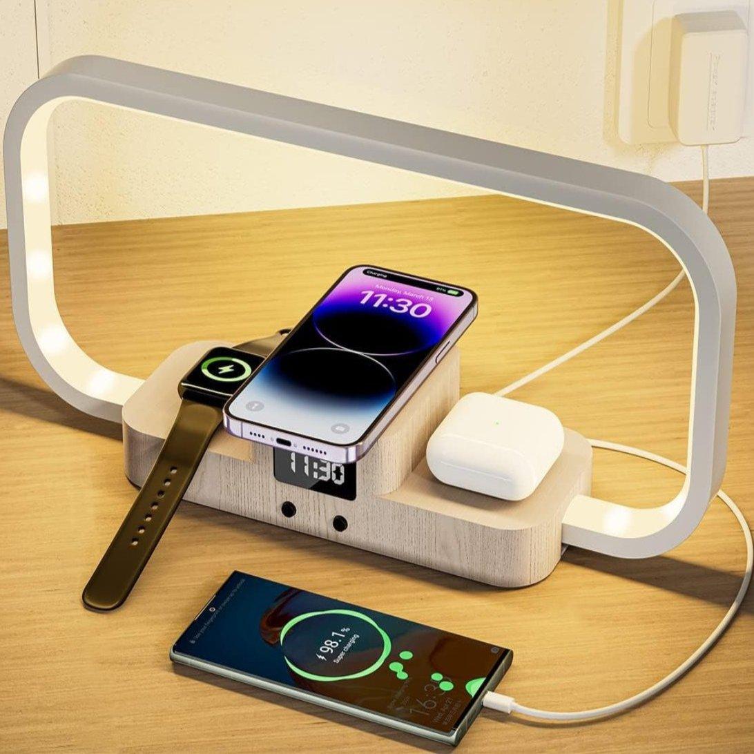 Bedside Lamp with Wireless Charger: Stepless Dimming&5 Color Mode Touch Control Table Lamp with Clock,Nightstand Lamp with Charging Station for Iphone Series/Airpods/Iwatch(Adapter Included)