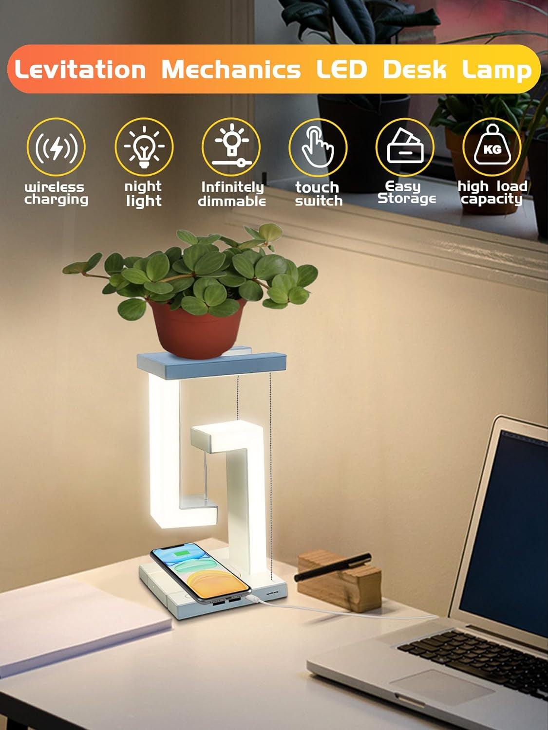 Levitating Lamp,Balance Lamps,Tensegrity Structural Balanced Night Light,Wireless Charger Table Lamp,Dual USB Ports & 3 Light Modes Touch Lamp,Unique Gifts for Office,Bedroom, Living Room Décor