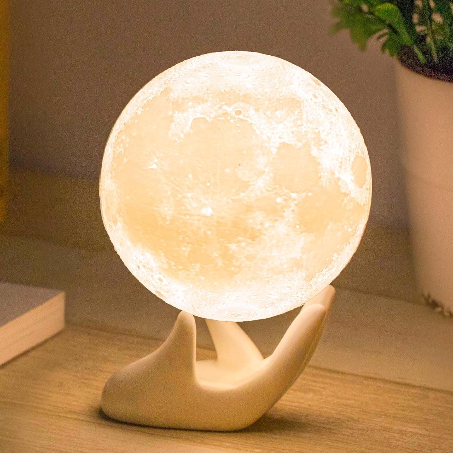 3D Moon Lamp with Ceramic Base, Mothers Day Gift, LED Night Light, Mood Lighting with Touch Control Brightness for Women,Home Décor, Bedroom, Kids Birthday, 3.5 Inch - White & Yellow