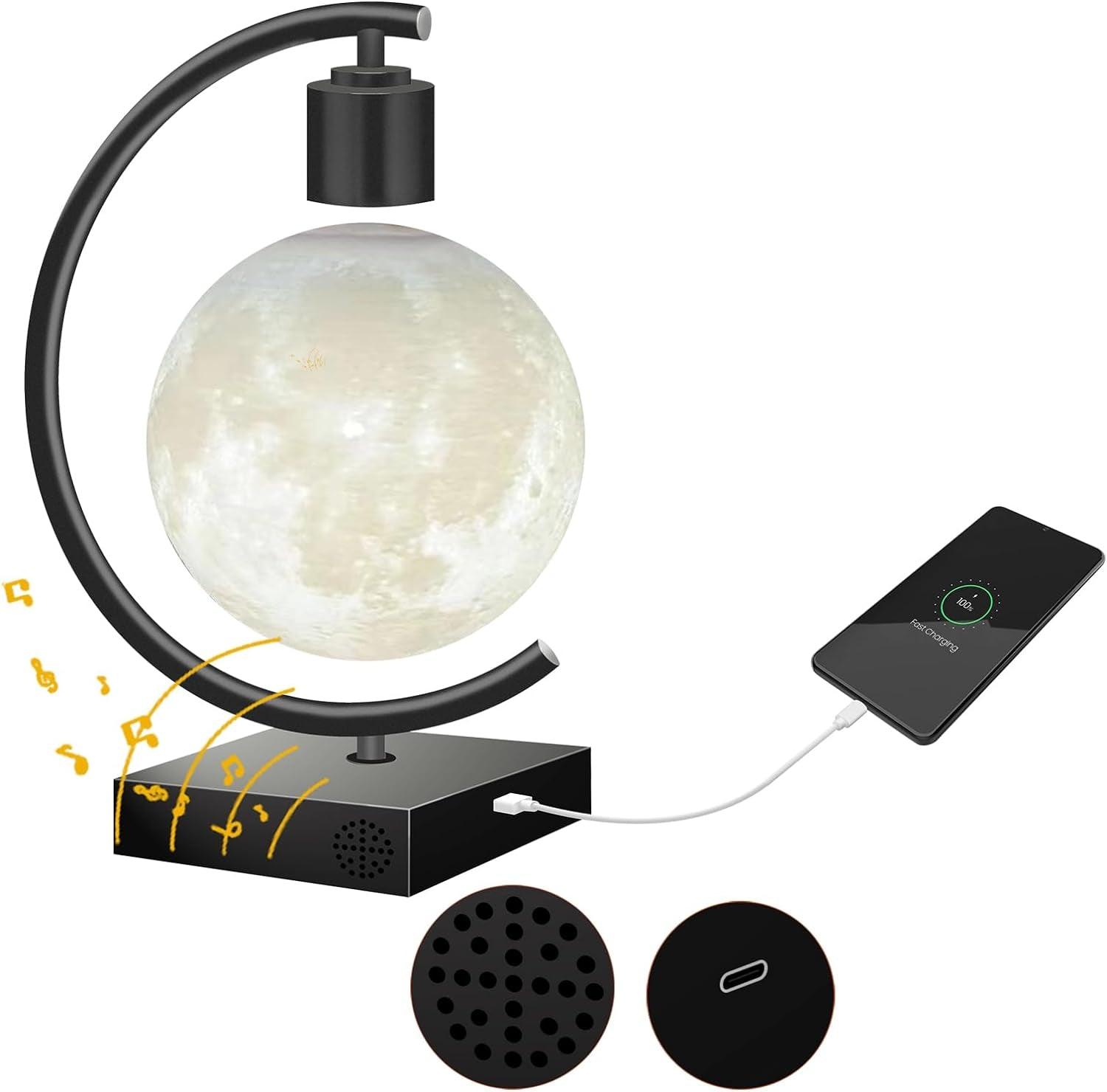 Magnetic Levitating Moon Lamp with Bluetooth Speaker 5.0 Type C 18W USB C Fast Charger for Iphone Ipad Samsung Galaxy Smart Watch Floating 3D Moon Magnet Planet Globe LED Night Light