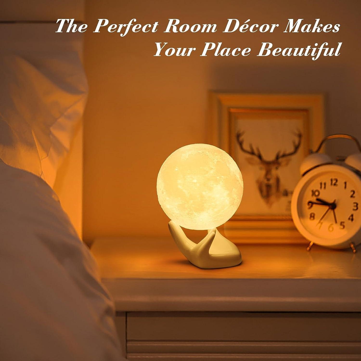 3D Moon Lamp with Ceramic Base, Mothers Day Gift, LED Night Light, Mood Lighting with Touch Control Brightness for Women,Home Décor, Bedroom, Kids Birthday, 3.5 Inch - White & Yellow